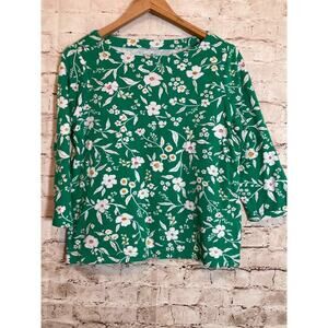 Croft & Barrow Top Womens Petite Medium Kelly Green Floral Cotton Stretch